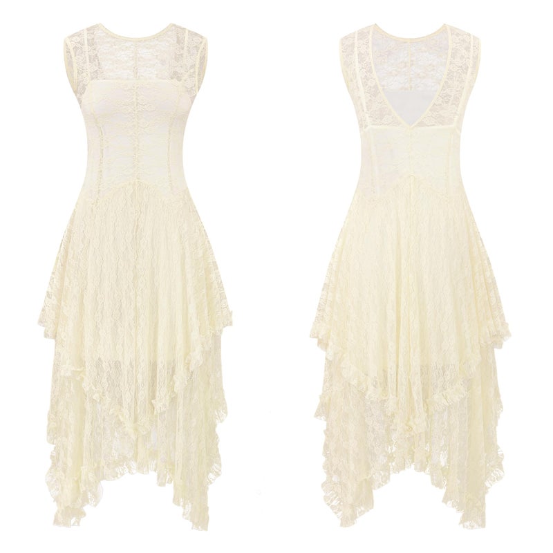 R.Vivimos Womens Sleeveless Backless Asymmetrical Layered Lace Long Dress with Slip Two Pieces (Small, Beige) - Image 5